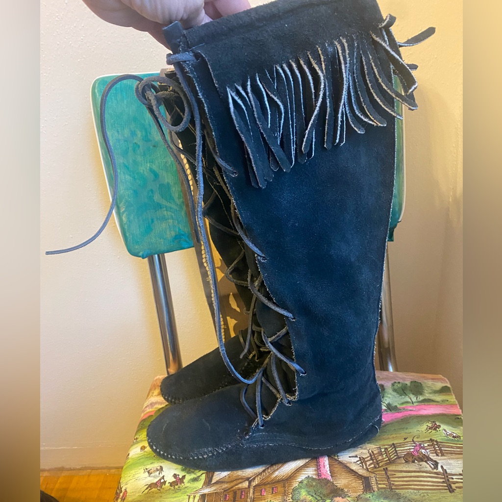 Vintage Deep Black Moccasin Boots. Genuine Leather Suede